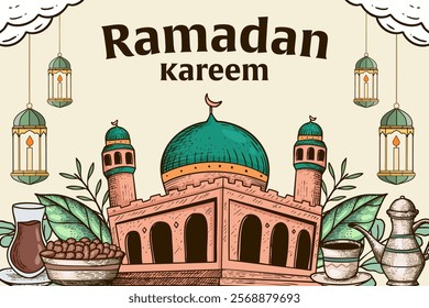 ramadan kareem background illustration with mosque and food and drink