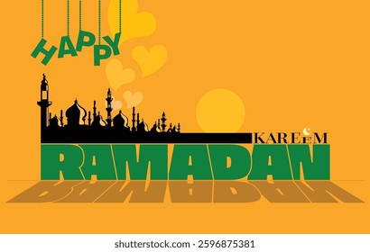 Ramadan Kareem background illustration with mosque silhouette, moon, stars, and wishes on yellow background Ramadan celebration card festive design