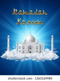 Ramadan kareem background, illustration with Taj Mahal on background with clouds and sun rays. EPS 10 contains transparency.