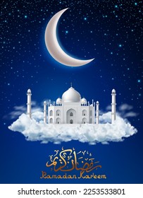 Ramadan kareem background, illustration with Taj Mahal, on background with clouds and colorful stars, under white crescent. EPS 10 contains transparency.