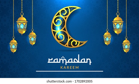 Ramadan kareem background illustration.Golden moon and lantern.