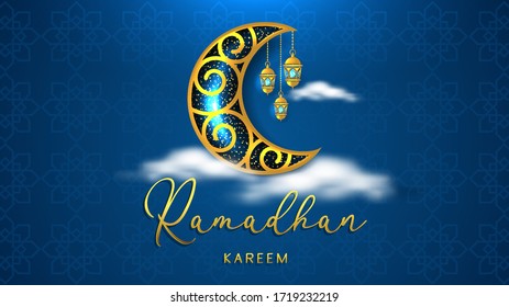 Ramadan kareem background illustration.Golden moon and lantern.