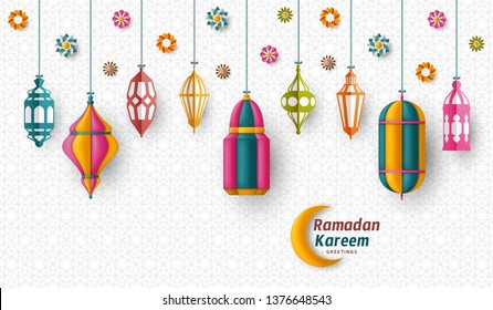 Ramadan Kareem Background. Islamic Arabic lantern. Translation: Ramadan Kareem. Greeting card. Vector illustration.