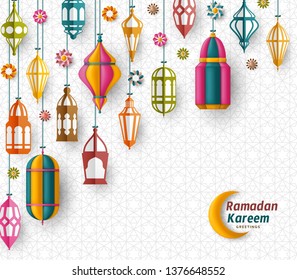 Ramadan Kareem Background. Islamic Arabic lantern. Translation: Ramadan Kareem. Greeting card. Vector illustration.