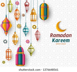 Ramadan Kareem Background. Islamic Arabic lantern. Translation: Ramadan Kareem. Greeting card. Vector illustration.