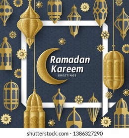 Ramadan Kareem Background. Islamic Arabic lantern. Translation: Ramadan Kareem. Greeting card. Vector illustration.