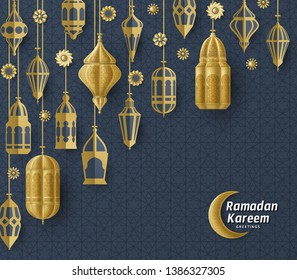 Ramadan Kareem Background. Islamic Arabic lantern. Translation: Ramadan Kareem. Greeting card. Vector illustration.