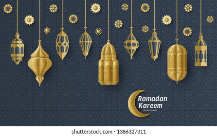 Ramadan Kareem Background. Islamic Arabic lantern. Translation: Ramadan Kareem. Greeting card. Vector illustration.