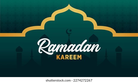 Ramadan kareem background. Islamic Arabic Green Luxury Background with Geometric pattern and Mosque Silhouette. Islamic Banner, Islamic Wallpaper, Islamic Celebration, Eid Mubarak.