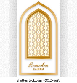 Fondo Ramadan Kareem. Ventana árabe islámica.Tarjeta de felicitación. Ilustración vectorial.