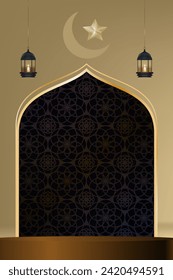 Ramadan-Kareem-Hintergrund mit Rahmen für den Islamischen Bogen, 3D-Podiumanzeige auf Golden, Crescent Moon, Star, Vektorsymbol der muslimischen Kultur, Eid Mubarak, Eid al adha, Eid al fitr, Islamisches Neujahr,Muharram 