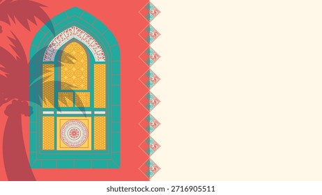 Ramadan Kareem Background with Islamic Arch Window and Large Copy Space