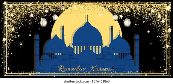 Ramadan Kareem background, Islamic card with Mosques dome,Crescent moon on blue sky background,Vertical banner Ramadan Night sky for Islamic religion,Eid al Adha,Eid Mubarak,Eid al fitr