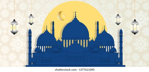 Ramadan Kareem background, Islamic card with Mosques dome,Crescent moon on blue sky background,Vertical banner Ramadan Night sky for Islamic religion,Eid al Adha,Eid Mubarak,Eid al fitr
