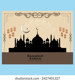 Ramadan Kareem background, Islamic card with Mosques dome,Crescent moon on blue sky background,Vertical banner Ramadan Night sky for Islamic religion,Eid al Adha,Eid Mubarak,Eid al fitr