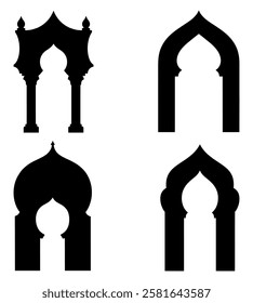 Ramadan Kareem Background, Islamic Background with a collection of arch,door,and window silhouettes.Traditional Western Islamic architectural designs, isolated on a white background in vector format.