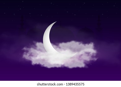 Ramadan Kareem background with islamic crescent, mosque and sky with clouds. Design for banner of the holy month of Ramadan Kareem. Vector.