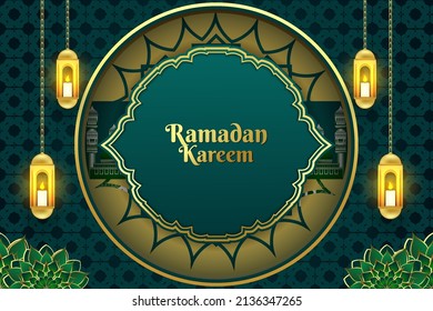 Fondo Ramadan Kareem Color islámico verde y dorado con elemento