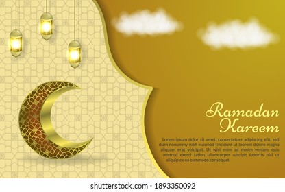 Ramadan kareem background , islamic greeting religius culture decoration vector , lamp moon cloud poster mosque banner pattern