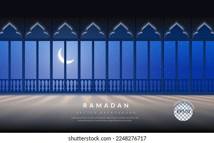 Ramadan Kareem background, islamic interior mosque large windows on a night sky filled with stars and a moon. vector illustration