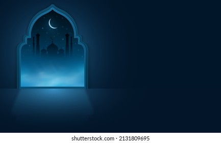 Ramadan Kareem background. Islamic mosque interior. Luminous window in the moonlight. Mosque with starry and moon. Eid Mubarak. Vector illustration. EPS 10