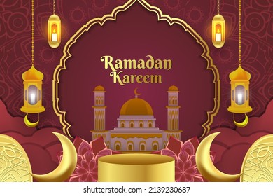 Fondo Ramadan Kareem Islámico con mezquita y color rojo