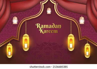 Ramadan Kareem background Islamic red color with ornament lamp