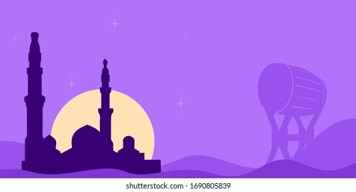 Ramadan Kareem background with Islamic theme. Religion banner with mosque, lantern, and moon silhouettes.