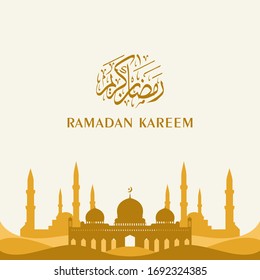 Ramadan Kareem Hintergrund mit islamischem Thema. Religiöse Social-Media-Banner mit arabischer Moschee und Kalligrafie-Typografie-Silhouetten.