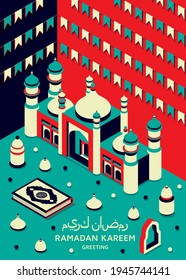 Fondo Ramadan Kareem isométrico. Mezquita árabe islámica, farolillos y Corán. Tarjeta de felicitación. Traducción Ramadan Kareem, Corán. Tarjeta de felicitación