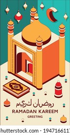 Ramadan Kareem Hintergrund isometrisch. Islamische arabische Moschee, Laternen und Koran. Grußkarte. Übersetzung Ramadan Kareem, Koran. Grußkarte