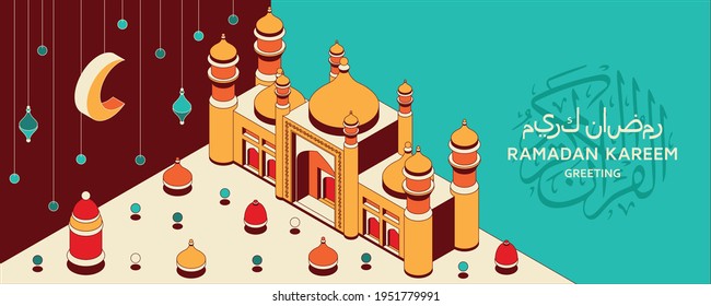 Ramadan Kareem background isometric. Islamic Arabic mosque, lanterns. Greeting card. Translation Ramadan Kareem, Koran. Greeting card