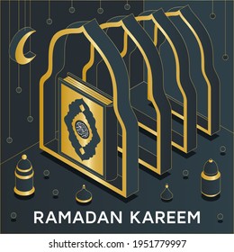 Ramadan Kareem Hintergrund isometrisch. Islamische arabische Moschee, Laternen und Koran. Grußkarte. Übersetzung Ramadan Kareem, Koran. Grußkarte