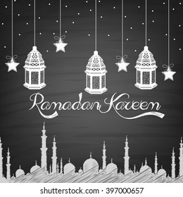 Ramadan Kareem background with lamp, stars and mosque of hand drawing.Vector