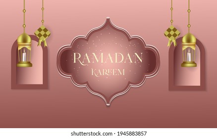 Fondo de kareem de Ramadán con farolillos y mezquita. Plantilla de tarjeta de saludo de Ramadán