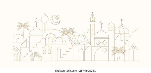 Ramadan Kareem background in line art style. Modern linear Islamic greeting card template and wallpaper design. Poster and media banner vector illustration