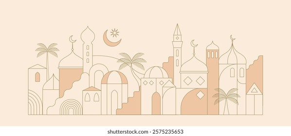 Ramadan Kareem background in line art style. Modern linear Islamic greeting card template and wallpaper design. Poster and media banner vector illustration