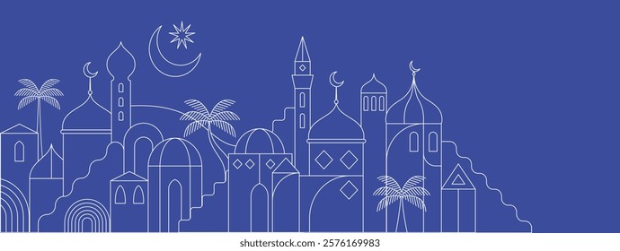 Ramadan Kareem background in line art style. Modern linear Islamic greeting card template and wallpaper design. Poster and media banner vector illustration