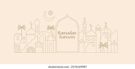 Ramadan Kareem background in line art style. Modern linear Islamic greeting card template and wallpaper design. Poster and media banner vector illustration