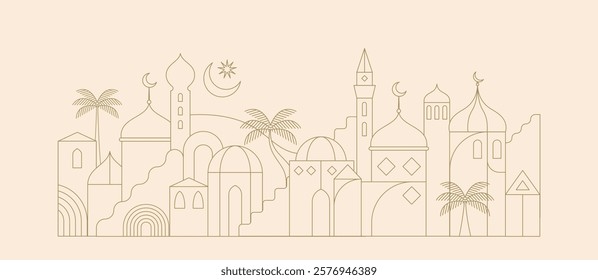 Ramadan Kareem background in line art style. Modern linear Islamic greeting card template and wallpaper design. Poster and media banner vector illustration