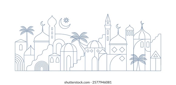 Ramadan Kareem background in line art style. Modern linear Islamic greeting card template and wallpaper design. Poster and media banner vector illustration