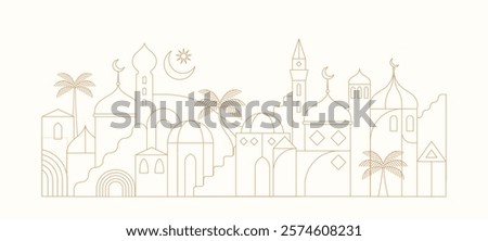 Ramadan Kareem background in line art style. Modern linear Islamic greeting card template and wallpaper design. Poster and media banner vector illustration