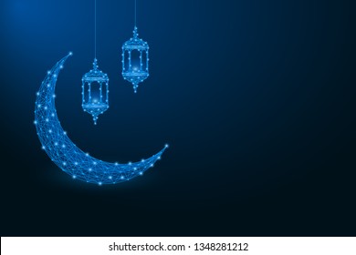 Ramadan Kareem background with low poly crescent and lantern made by polygonal wireframe mesh. Vector illustration.