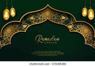 Ramadan kareem background in luxury style. Vector illustration of dark green arabic design with gold lantern or fanoos for Islamic holy month celebrations. Month of fasting for muslim