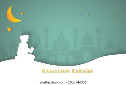 Ramadan Kareem Background. Man Pray in front Mosque silhouette. For Greeting Card, Wallpaper and other use. EPS 10