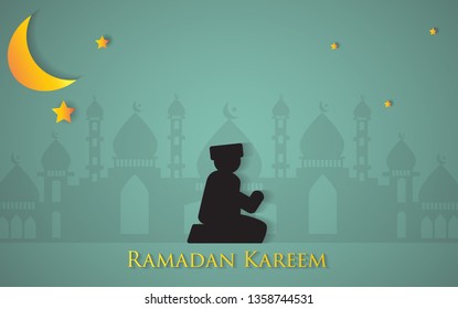 Ramadan Kareem Background. Man Pray in front Mosque silhouette. For Greeting Card, Wallpaper and other use. EPS 10