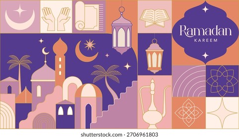 Fondo de Ramadán Kareem en estilo geométrico moderno. Tarjeta de felicitación islámica, cartel y diseño de Plantilla de Anuncio. Ilustración vectorial plana con Elementos lineales.
