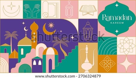 Ramadan Kareem background in modern geometric style. Islamic greeting card, poster and banner template design. Flat vector illustration with linear elements.