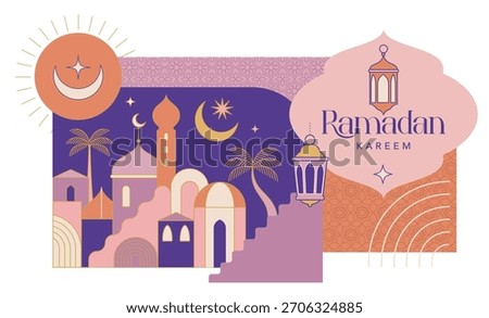 Ramadan Kareem background in modern geometric style. Islamic greeting card, poster and banner template design. Flat vector illustration with linear elements.