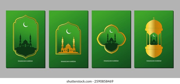 Ramadan Kareem background. Modern Islamic greeting card template and wallpaper design with a green background decorated with an illustration of a crescent moon mosque and lanterns